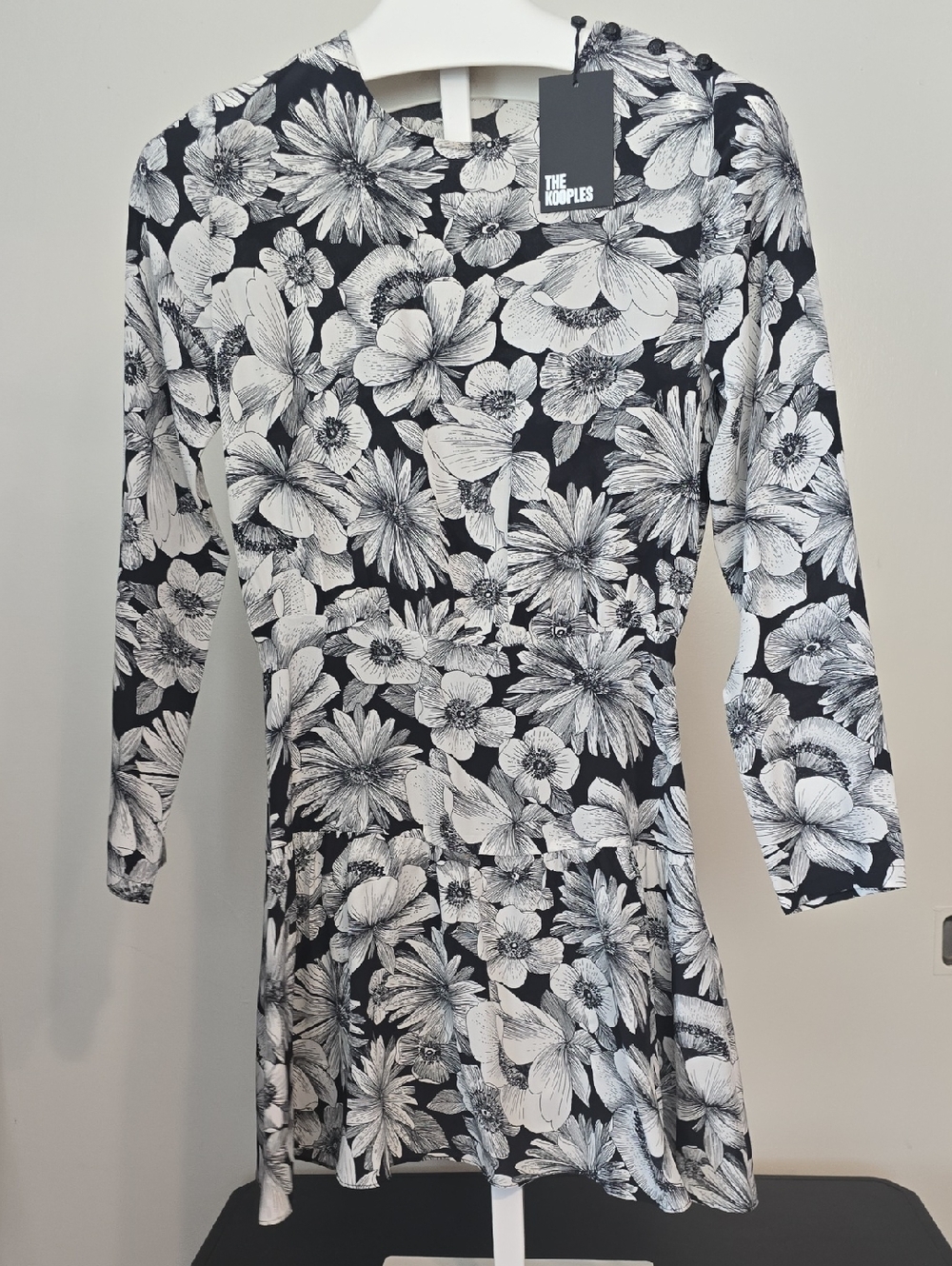 The Kooples Black and White Floral Long Sleeve Fit-and-Flare Dress